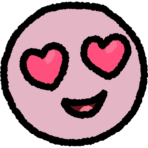 A pink face has an open mouth smile while having brighter pink heart eyes with a shine on them.